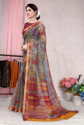 MIRCHI FASHION Printed, Floral Print, Checkered Kota Doria Polyester Saree(Grey, Multicolor)