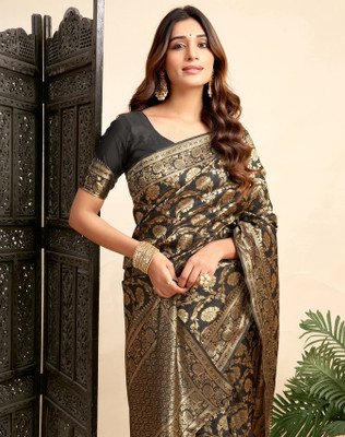 SATQ Self Design, Solid/Plain Kanjivaram Cotton Silk, Jacquard Saree(Black)