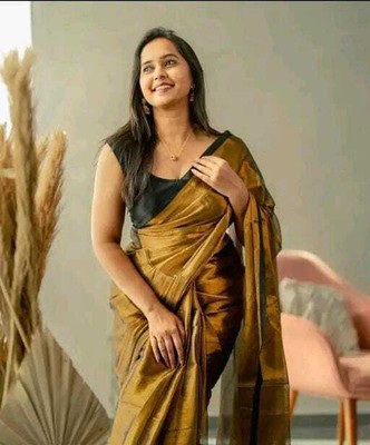 BongLooms Solid/Plain Saree with Attached Blouse Tissue Saree(Gold)
