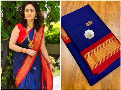 Fab Silk Woven Paithani Cotton Silk Saree(Dark Blue, Red)