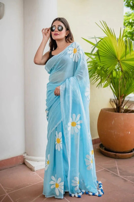 GLOWMOROUS Floral Print Handloom Pure Cotton Saree(Light Blue)
