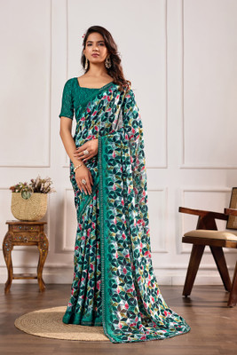 Moda Rapido Embellished, Geometric Print Bollywood Georgette Saree(Green)