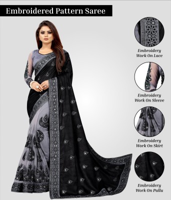 b bella creation Embroidered, Embellished Bollywood Net Saree(Black, Grey)