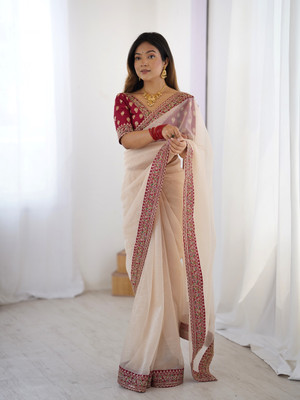 Divastri Solid/Plain, Embroidered Banarasi Silk Blend Saree(White)