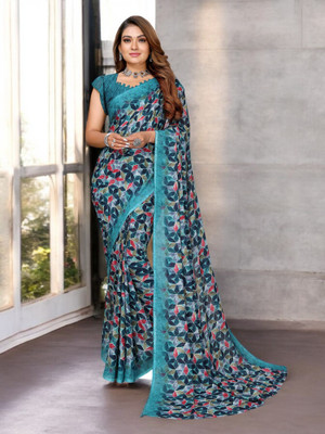 NIRMOHIFASHION Geometric Print Bollywood Georgette Saree(Dark Blue)