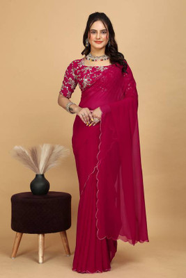 Divastri Solid/Plain Bollywood Georgette Saree(Pink)