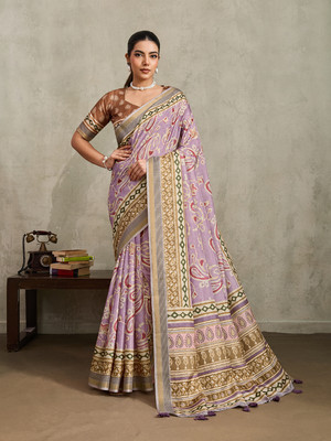 RekhaManiyar Printed Saree with Attached Blouse Silk Blend Saree(Purple)