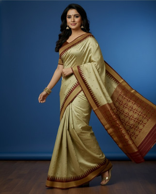 Afronza Printed Sambalpuri Silk Blend, Pure Silk Saree(Cream)