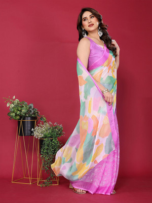 ANOUK Printed Saree with Attached Blouse Chiffon Saree(Purple)