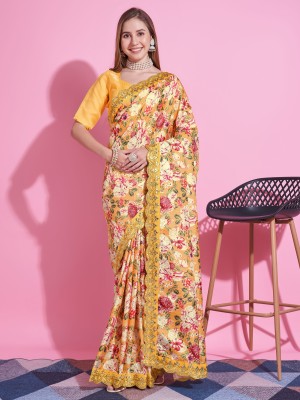 Divastri Floral Print Bollywood Silk Blend Saree(Yellow)