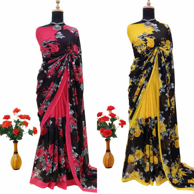 The Textile Hub Floral Print Bollywood Georgette Saree(Pack of 2, Multicolor)