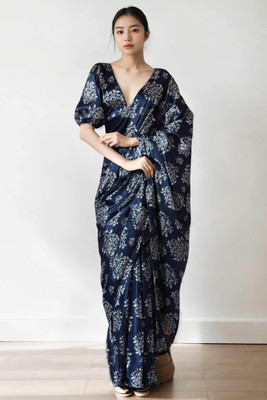 Peachmode Floral Print Bollywood Chiffon Saree(Light Blue)