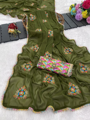 Pemal Designer Embroidered Bollywood Georgette Saree(Green)