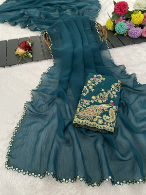 K 5 FASHION Embroidered Bollywood Tissue Saree(Dark Blue)