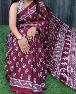 COTTON RK FABRICO WORD Printed, Blocked Printed, Hand Painted Ikkat Pure Cotton Saree(Maroon)