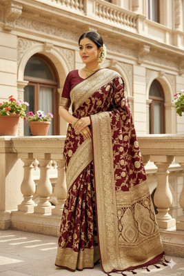 HANDALOOM Woven Banarasi Satin Saree(Maroon)