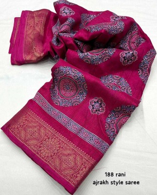 KHIMAJMAAFASHION Applique, Hand Painted, Blocked Printed, Woven Bollywood Cotton Blend Saree(Pink)