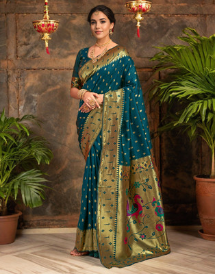Mahastree Woven Paithani Silk Blend Saree(Blue)