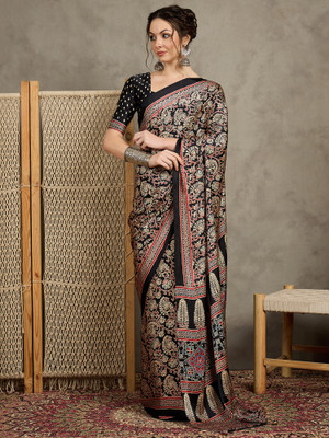 Tasrika Printed Hand Batik Crepe Saree(Black)