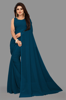 V And V Shop Solid/Plain Bollywood Georgette Saree(Blue)