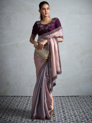 ANOUK Embellished, Solid/Plain Bollywood Satin Saree(Pink)