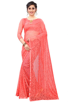 LOROFY Self Design Bollywood Net Saree(Red)