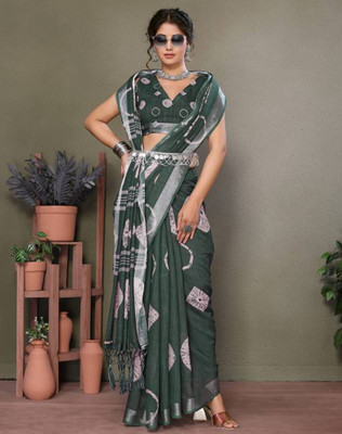 Soor Panchi Digital Print Leheria Cotton Linen Saree(Dark Green)