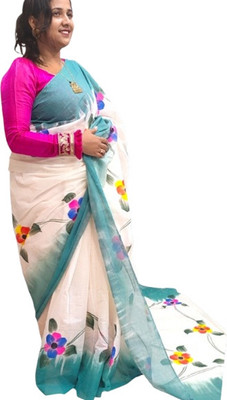 SOHAM SAREE GHAR Printed Handloom Cotton Blend Saree(White)