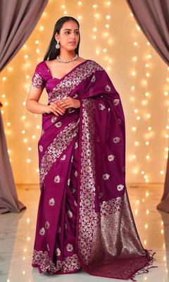 Meghna's Woven, Embellished Banarasi Pure Silk, Jacquard Saree(Purple)