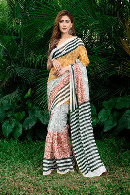 revenclaw Digital Print Banarasi Cotton Linen Saree(Yellow)