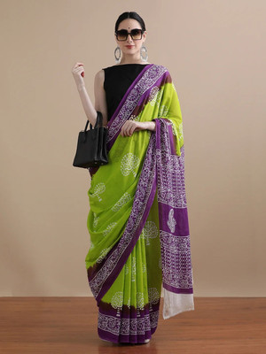 Soor Panchi Printed Bollywood Cotton Linen Saree(Green)