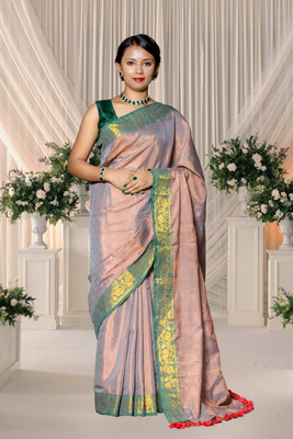 Sandhya Saree Creations Woven, Self Design, Floral Print Handloom Tissue Saree(Beige)