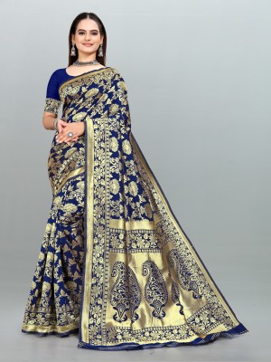 Om Shantam sarees Striped, Self Design, Woven Kanjivaram Art Silk Saree(Dark Blue)