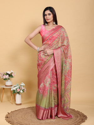 SL F Floral Print, Printed Bollywood Cotton Linen Saree(Multicolor, Pink)