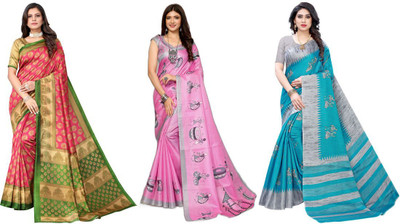Priyashi Printed Kanjivaram Art Silk Saree(Pack of 3, Pink, Grey, Blue)