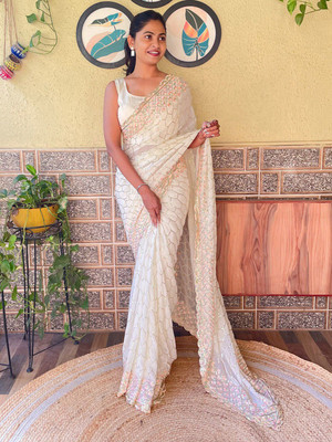 ANOUK Embellished Daily Wear Pure Cotton Saree(White)