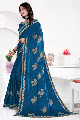 Mikhushop Embroidered Bollywood Jimmy choo Saree(Dark Blue)