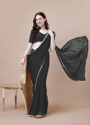 Labheshwari Solid/Plain Bollywood Georgette Saree(Black)