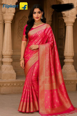 aamya fashion Woven, Self Design, Floral Print, Temple Border Banarasi Art Silk Saree(Pink)