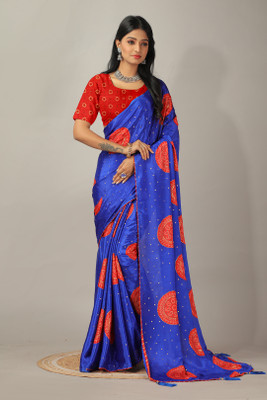 distro Printed Bandhani Crepe Saree(Blue)