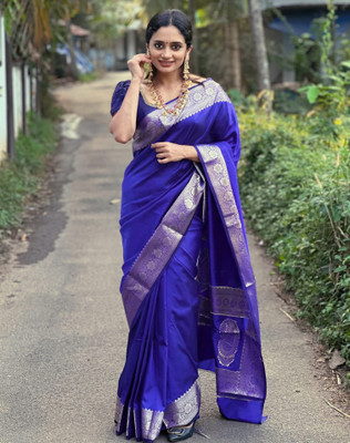 SIRIL Embroidered Kanjivaram Jacquard, Silk Blend Saree(Gold, Blue)