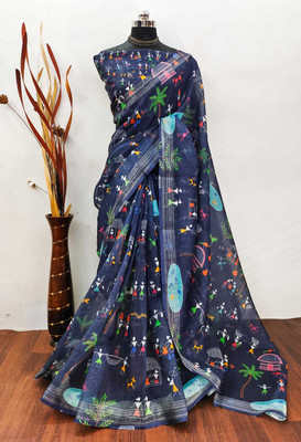Mervadiya Self Design Bollywood Cotton Linen, Linen Saree(Dark Blue)