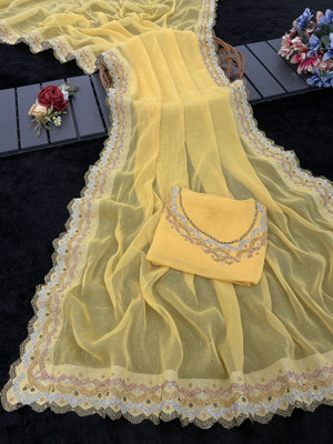VarniRaaj Fashion Embellished Bollywood Organza Saree(Yellow)
