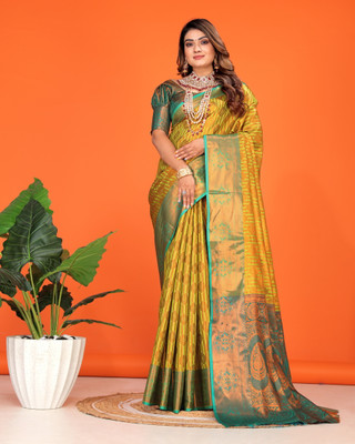 Jyanshu Creation Embellished Kanjivaram Silk Blend Saree(Yellow)