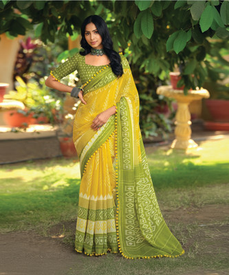 Sareemall Printed Ikkat Cotton Blend Saree(Yellow)