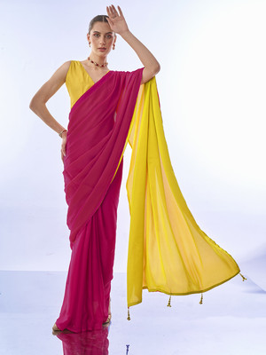 Divastri Solid/Plain Bollywood Chiffon Saree(Pink, Yellow)