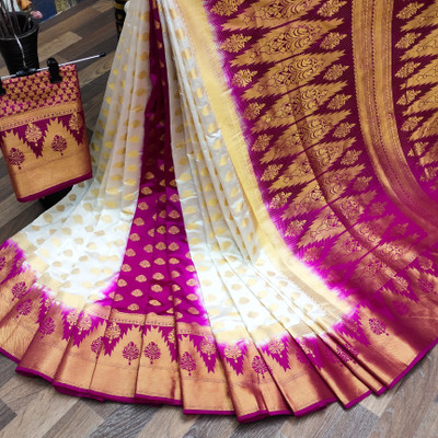 Lord Martin Woven Kanjivaram Art Silk Saree(White, Pink)
