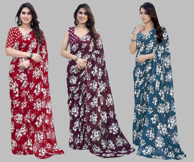 Anand Sarees Floral Print Daily Wear Georgette Saree(Pack of 3, Multicolor)
