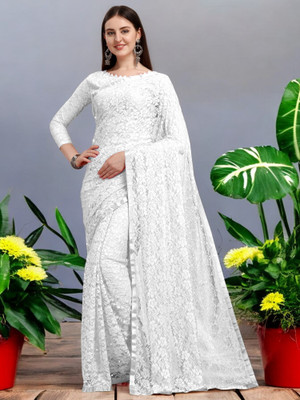 NexxaFashion Self Design Bollywood Net Saree(White)
