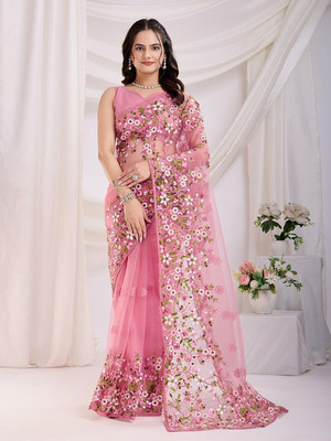 AAVNI FASHION Embroidered Bollywood Net Saree(Pink)